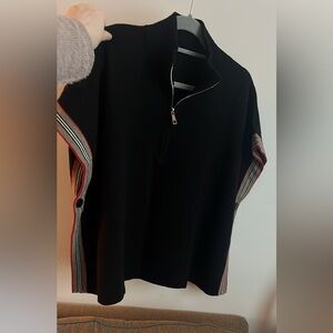 Black Half-Zip 100% Cashmere Sweater/Poncho with Striped Sleeves